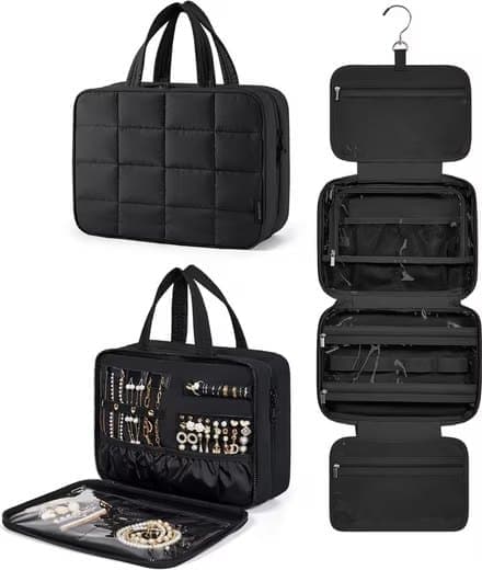 1 Piece Hanging Travel Makeup Bag with Jewelry Compartment for Women, 28×12×20 cm, Black