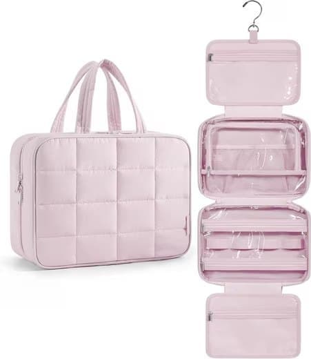Pink Hanging Travel Makeup Bag with Jewelry Compartment, 28×12×20 cm