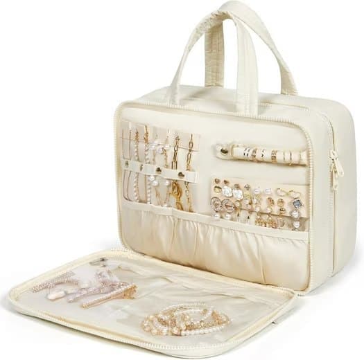 Hanging Travel Makeup Bag for Women with Jewelry Compartment, 28×12×20 cm, Beige