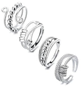 4pcs Fidget Spinner Rings for Women, Adjustable Anti-Stress Stackable Open Spinning Knuckle Rings, Stainless Steel