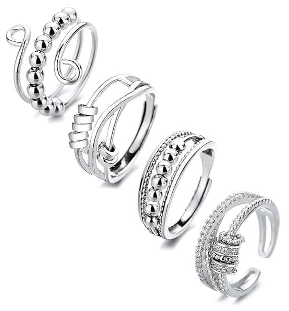 4pcs Fidget Spinner Rings for Women, Adjustable Anti-Stress Stackable Open Spinning Knuckle Rings, Stainless Steel