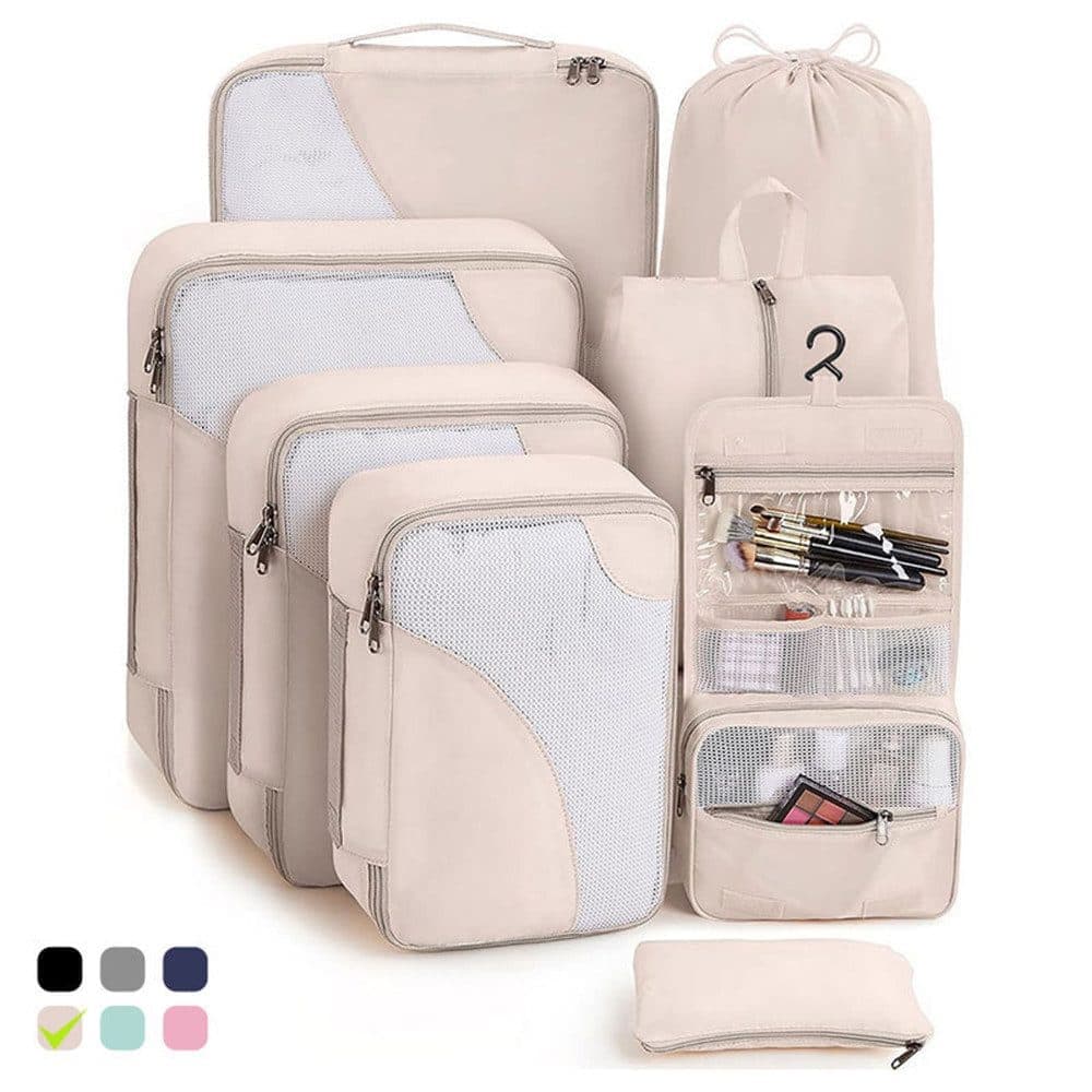 8-Piece Beige Suitcase Organizer Set with Durable Packing Cubes and Clothing Shoe Bags