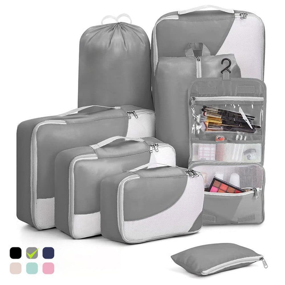 8-Piece Suitcase Organizer Set with Packing Cubes and Shoe Bags, Gray