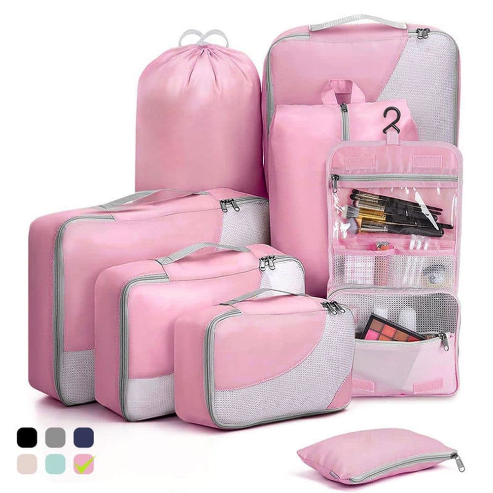 8-Piece Suitcase Organizer Set with Durable Packing Cubes and Clothing Shoe Bags, Pink