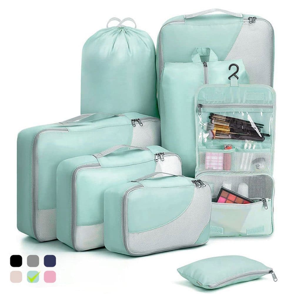 8-Piece Light Green Suitcase Organizer Set with Durable Packing Cubes and Shoe Bags, 8-Piece