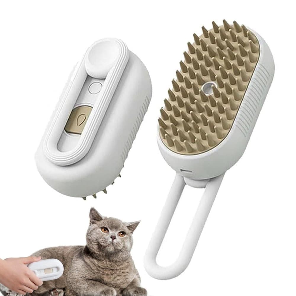 Pet Steam Brush with Spray and Massage Comb for Cats and Dogs, White