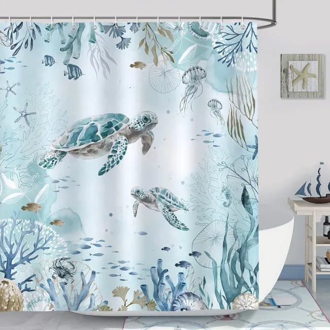 Waterproof Shower Curtain with Sea Turtle and Dolphin Motif, Mildew Resistant, Light Blue, 180x180cm