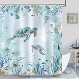Waterproof Shower Curtain with Sea Turtle and Dolphin Motif, Light Blue, Mildew Resistant, 180x200 cm