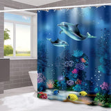 Waterproof Shower Curtain with Sea Turtle and Dolphin Motif, 180x200 cm, Dark Blue, Mildew Resistant