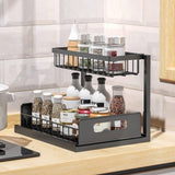 2-Tier Storage Shelf Spice Rack for Kitchen Bathroom Drawer Organization, Black