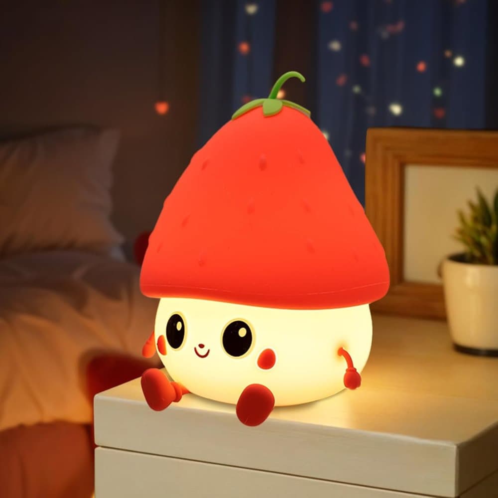 Strawberry LED Night Light USB Rechargeable Dimmable for Kids Baby Girls, Red, Silicone