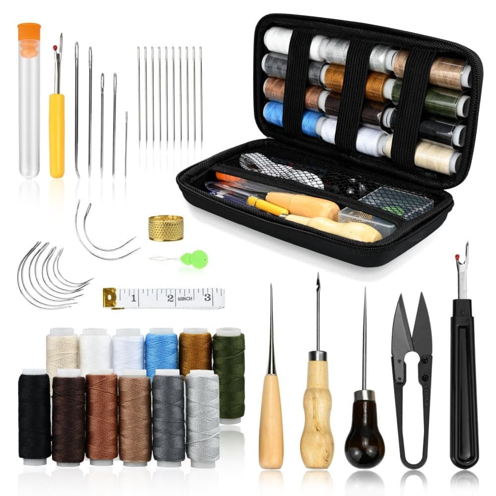 48-Piece Leather Sewing Kit with Needles, Scissors, Measuring Tape, Rivets and 12 Thread Colors