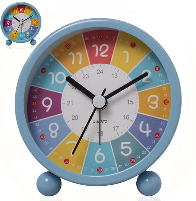 Silent Alarm Clock with Night Light for Children, Round, 8cm, Blue