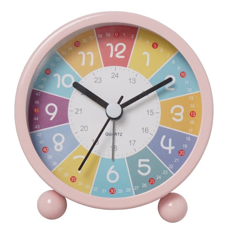 Colorful Silent Alarm Clock with Night Light for Children, 8cm Round, Pink