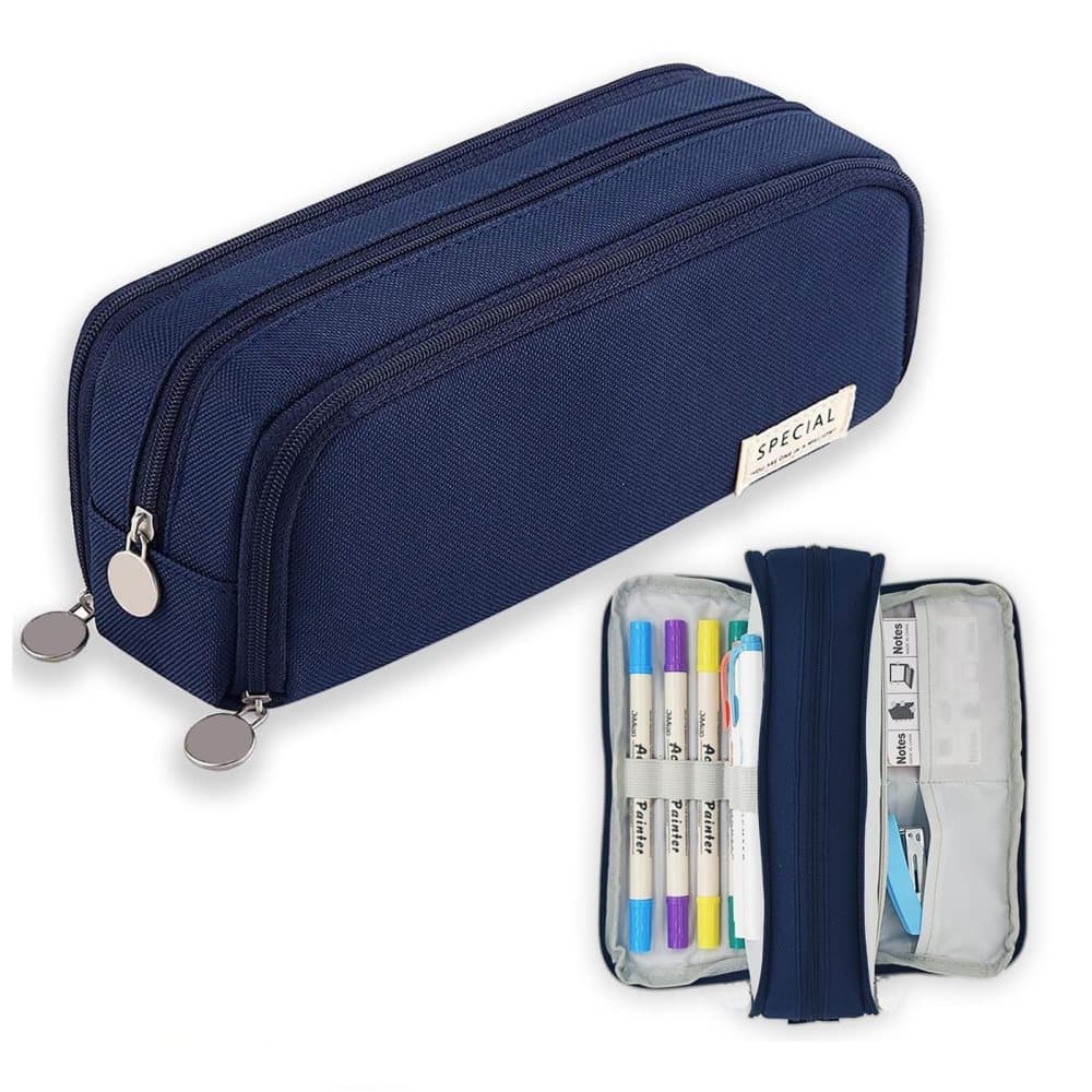 3 Compartments Large Pencil Case, High Capacity Multifunctional Organizer, Dark Blue
