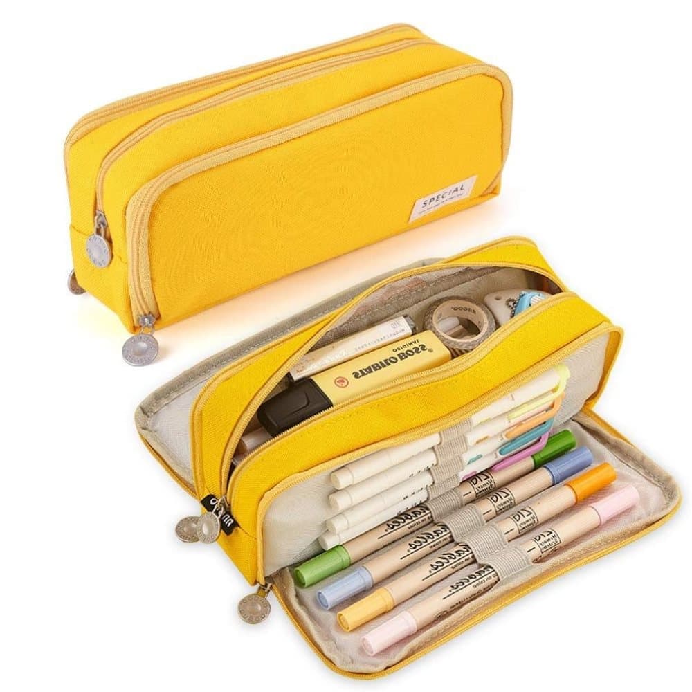 Yellow Large Pencil Case with 3 Compartments, High Capacity Storage Organizer