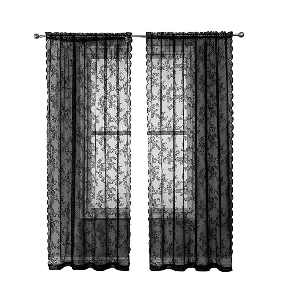 1 Pair Black Lace Curtain Semi-sheer Vintage Floral Pattern for Bedroom Living Room, 150cm x 200cm