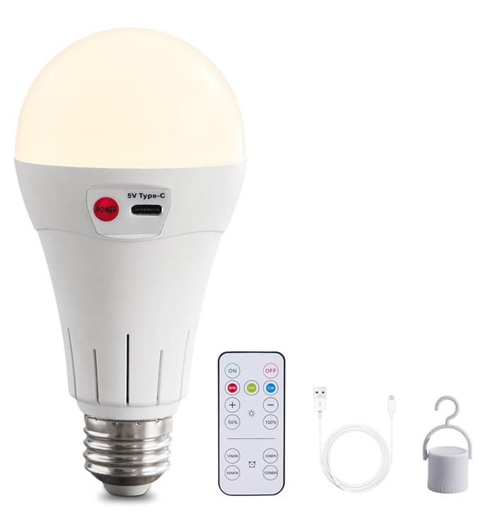 Rechargeable LED Bulb with 3 Color Temperatures 3000-6500K, Dimmable, Timer and Remote Control, E27 Lamp Holder, Wireless Night Light