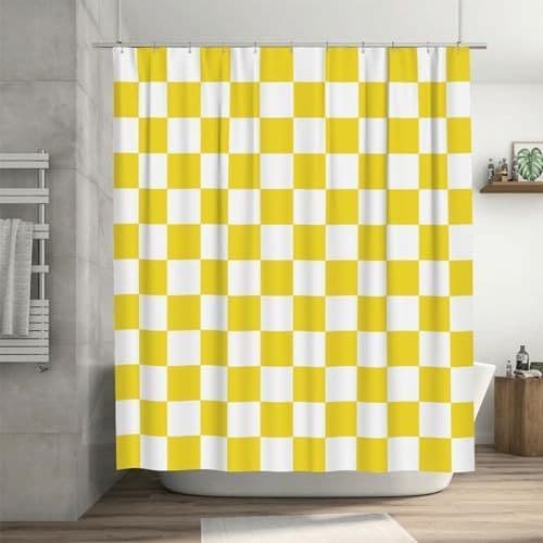 Checkered Shower Curtain 180x180 cm, Retro Chess Pattern Vintage Aesthetics for Bathroom, Yellow
