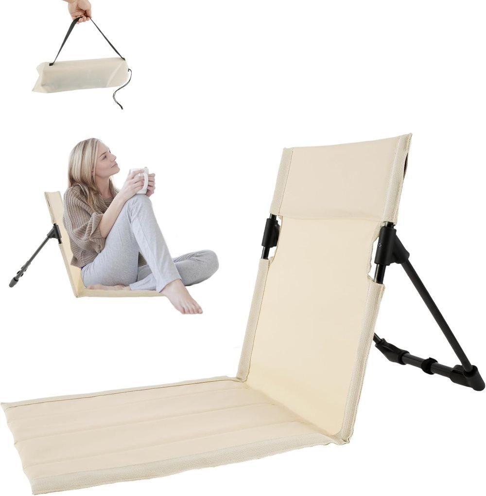 Foldable Beach Chair with Storage Bag, Collapsible Sun Lounger, Lightweight Camping Chair, Beige