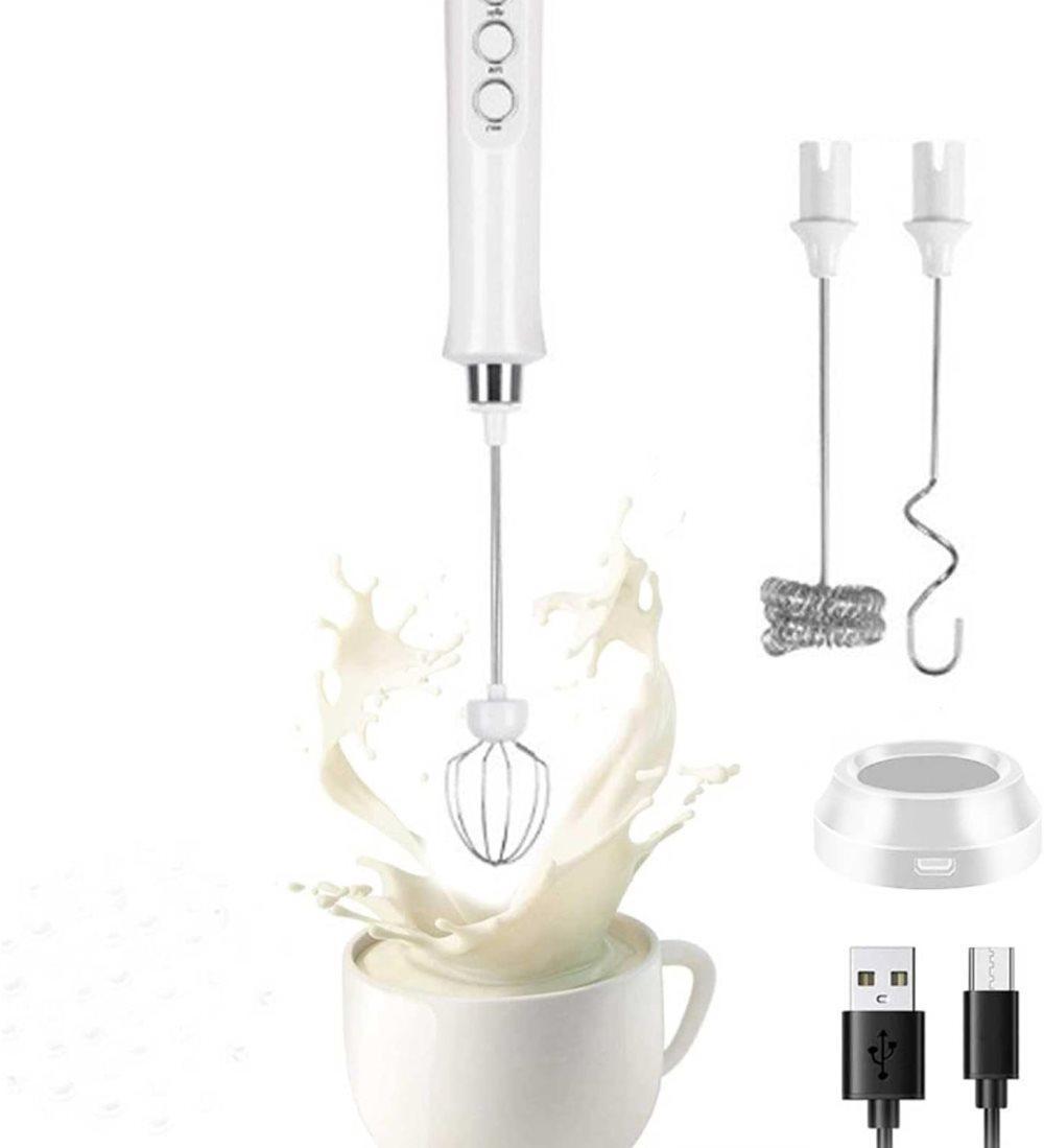 USB Rechargeable Electric Whisk with 3 Speeds, Egg Beater Milk Frother for Coffee and Cappuccino, Compatible with Most Brands, White