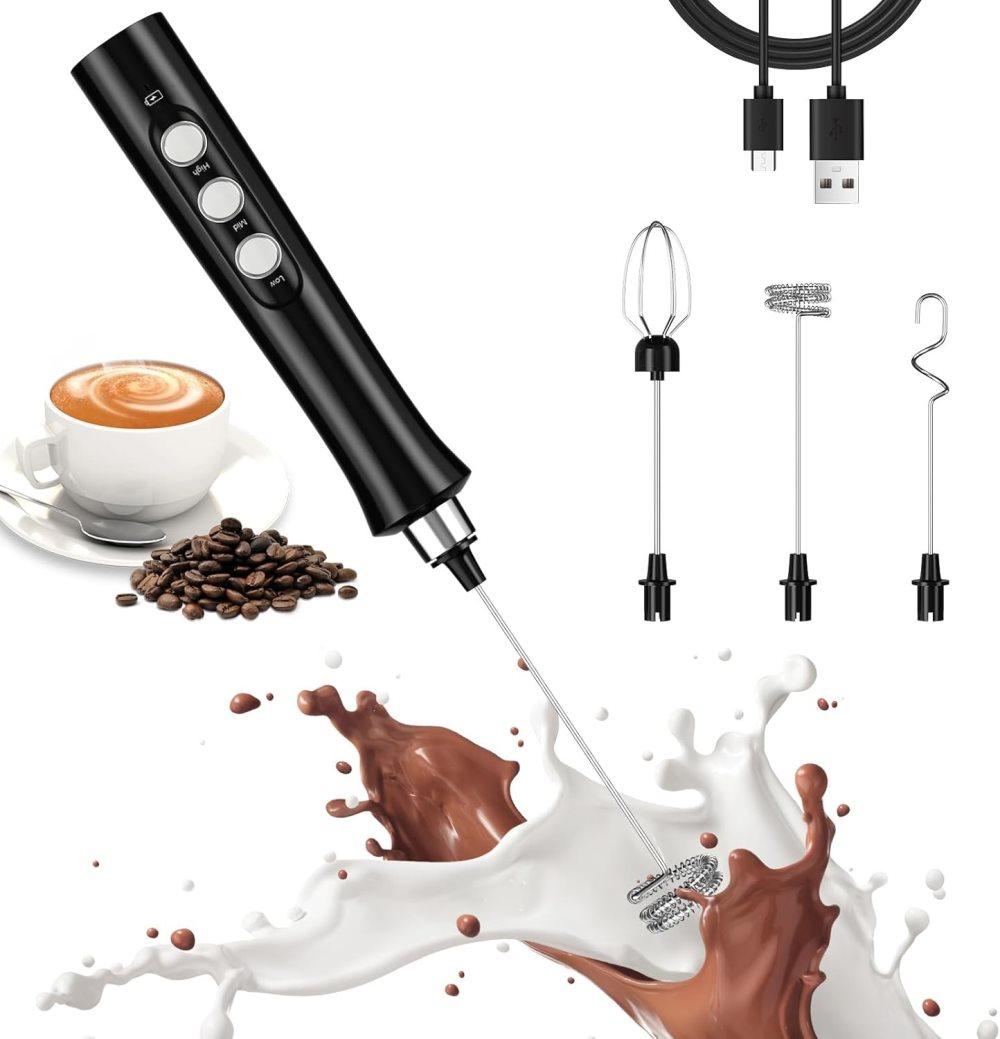 Electric Whisk USB Rechargeable with 3 Speeds, Egg Beater Milk Frother for Coffee and Cappuccino, Compatible with Most Brands, Black