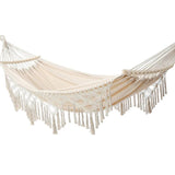 2-Person Bohemian Hammock with Fringes, 500 lbs Capacity, Cotton, Portable for Garden Patio Camping, Moon-Shaped Poles