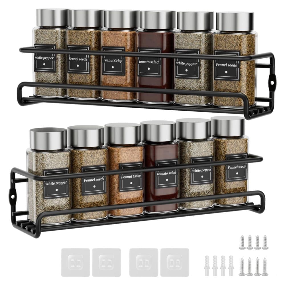 2-Piece Stainless Steel Spice Rack Wall Mounted Organizer, Black, 12.6 x 3.9 x 2.4 inches