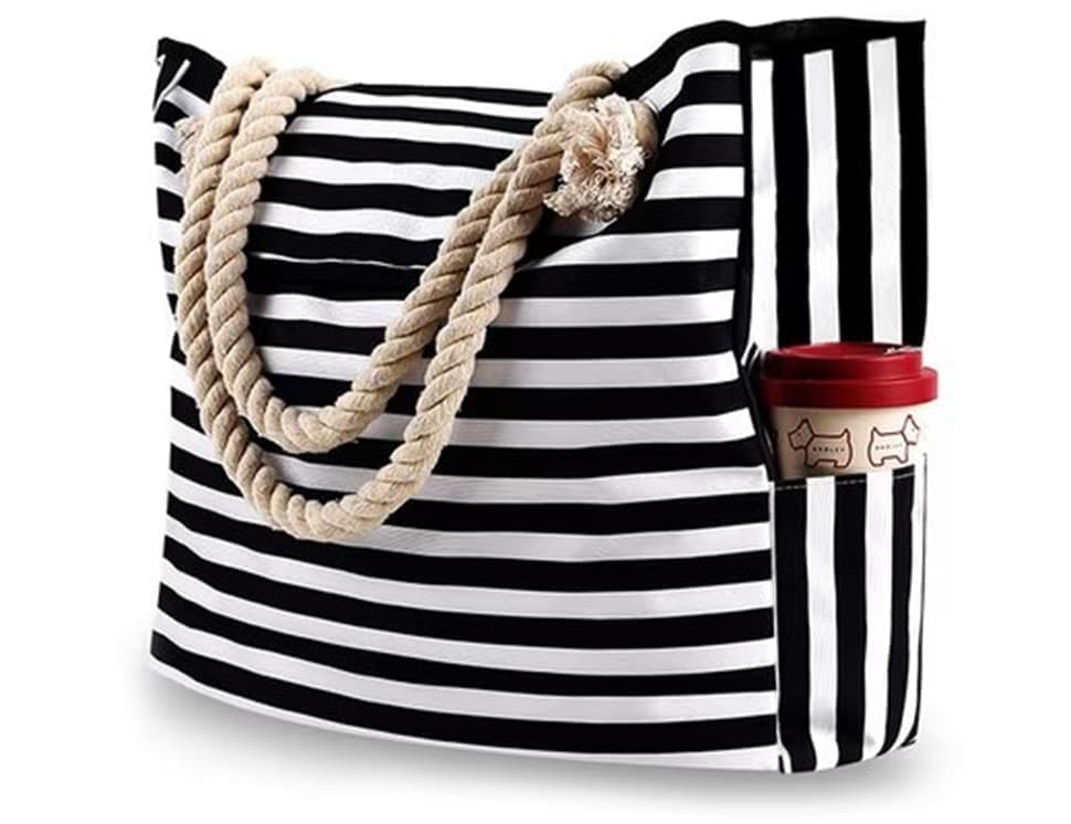 Large Waterproof Beach Bag for Women, Black, Spacious Picnic Shopper Tote, Extra Large