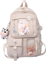 1 Children's Cute Beige Backpack with Pins and Plush Pendant, Waterproof School Travel Backpack for Girls
