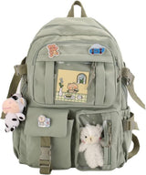 1 Children's Cute Backpack with Pins and Plush Pendant, Green, Waterproof School Backpack for Girls