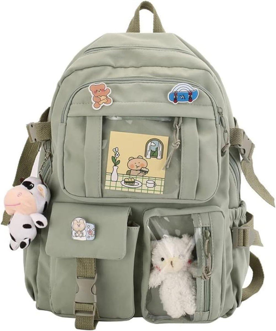 1 Children's Cute Backpack with Pins and Plush Pendant, Green, Waterproof School Backpack for Girls