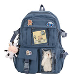 Blue Children's Backpack with Pins and Plush Pendant, Waterproof School Backpack for Girls