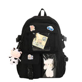 1 Black Children's Cute Backpack with Pins and Plush Pendant, School Travel Backpack for Girls, Waterproof