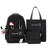 Cute Rabbit Ears Backpack for School Girls, 4-Piece, Large Space with Multiple Compartments, Black