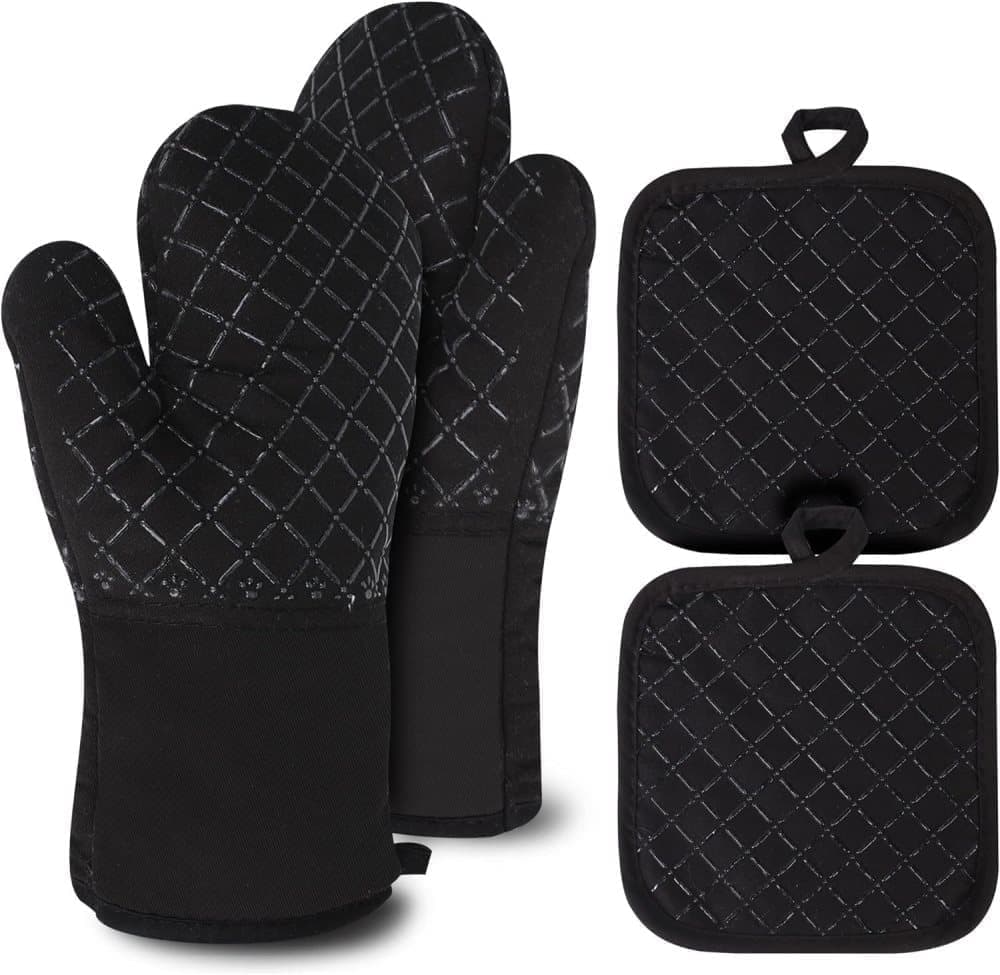 Heat-Resistant Oven Mitts and Grill Gloves 1 Pair, Anti-Slip for Kitchen Cooking Baking, Black