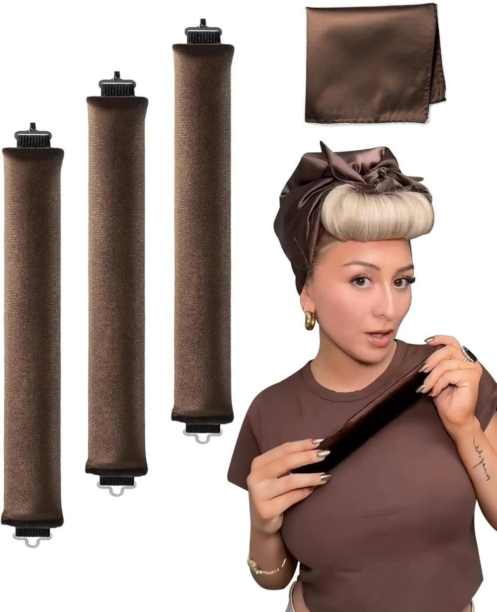 4-Piece Heat-Free Hair Curlers, Flexible Curling Rollers with Hook for Gentle Hair Care, Dark Brown