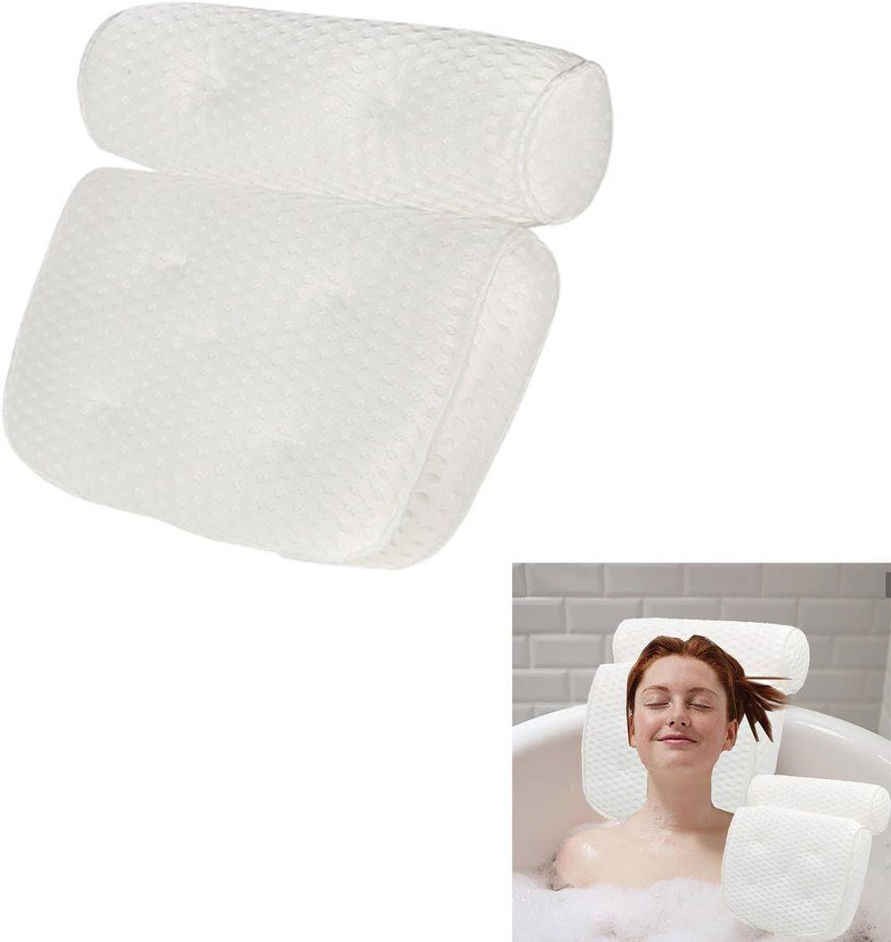 Bathtub Cushion with 7 Suction Cups and 4D Breathable Headrest for Relaxation, White, Compatible with Bathtubs & Massage Tubs
