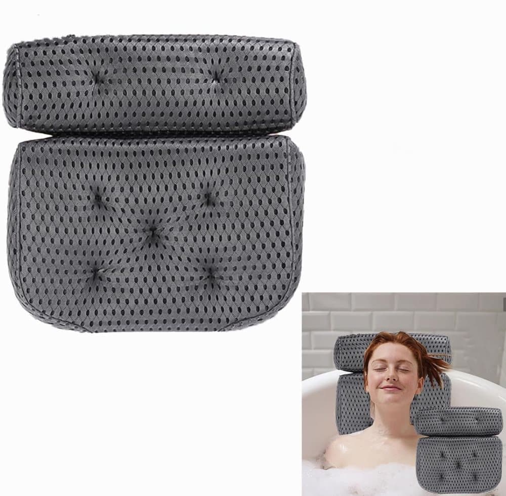 Bathtub Cushion with 7 Suction Cups, 4D Breathable Headrest for Relaxation, Compatible with Bathtubs & Massage Tubs, Gray