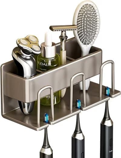 3-Piece Toothbrush Holder with Cup, Wall Mounted No Drilling Aluminum, Compatible with Oral-B, Light Gray