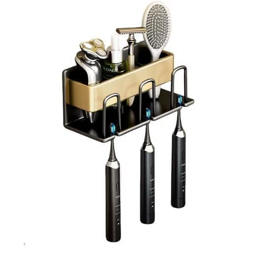 3-Piece Toothbrush Holder with Cup, Wall Mount No Drilling, Aluminum, Compatible with Oral-B, Gold