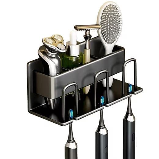 3-Piece Toothbrush Holder with Cup, Wall Mount No Drilling, Aluminum, Compatible with Oral-B, Black