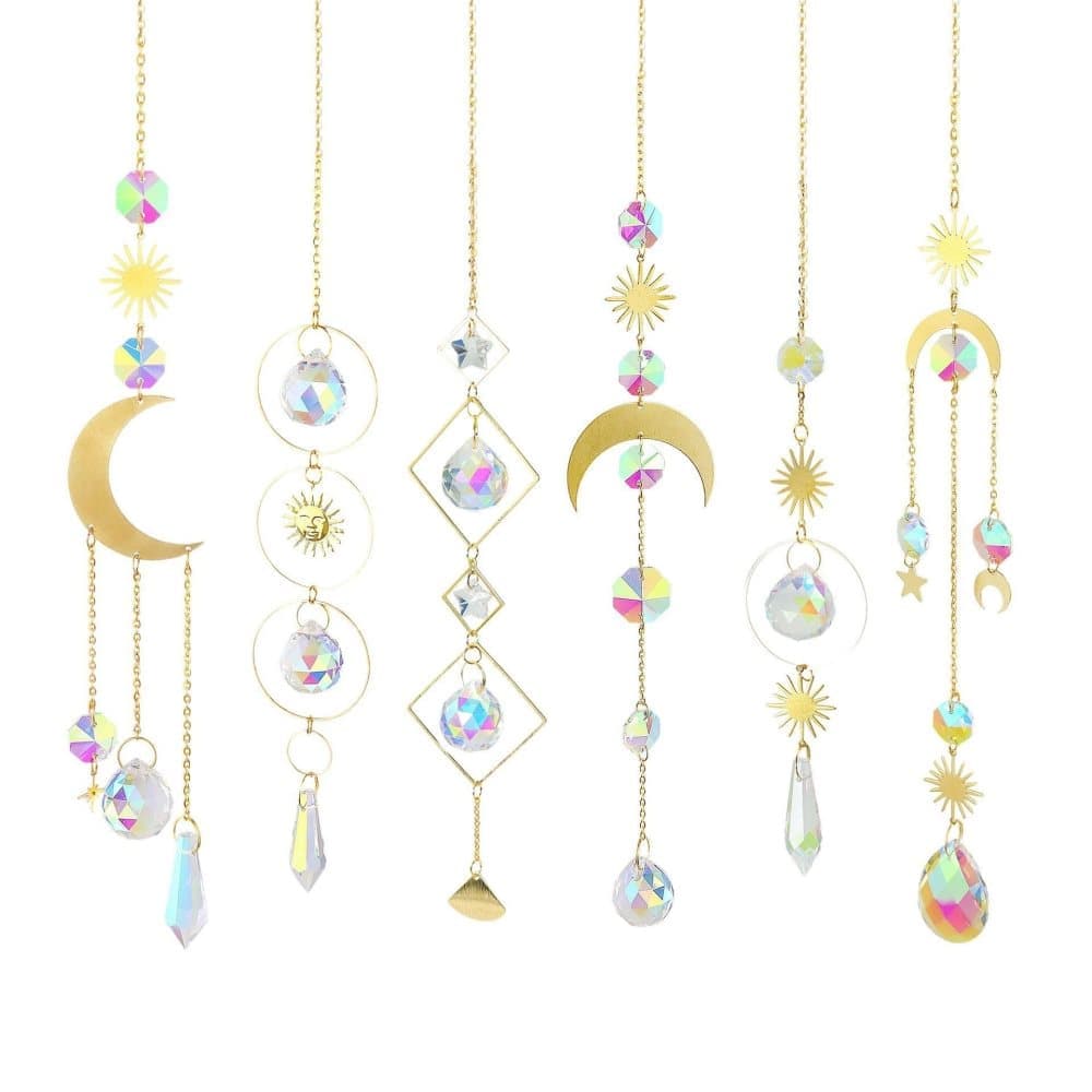 Solar Wind Chimes 6-pack with Crystal Pendants, Reflects Light for Beautiful Patterns, 12 inches, Gold