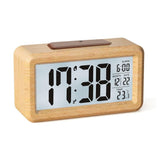 LCD Digital Alarm Clock with Smart Light Sensor, Manual Backlight, Snooze, Battery Operation, Solid Beech