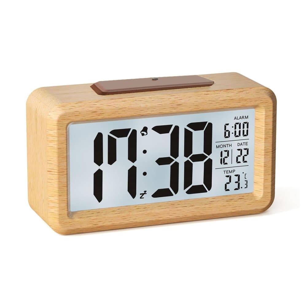 LCD Digital Alarm Clock with Smart Light Sensor, Manual Backlight, Snooze, Battery Operation, Solid Beech