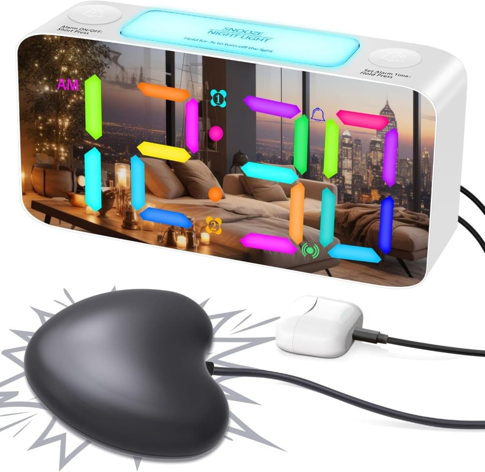 15-color display vibrating alarm clock with rainbow heart suspension, 7-color night light, USB charger, power failure memory, white