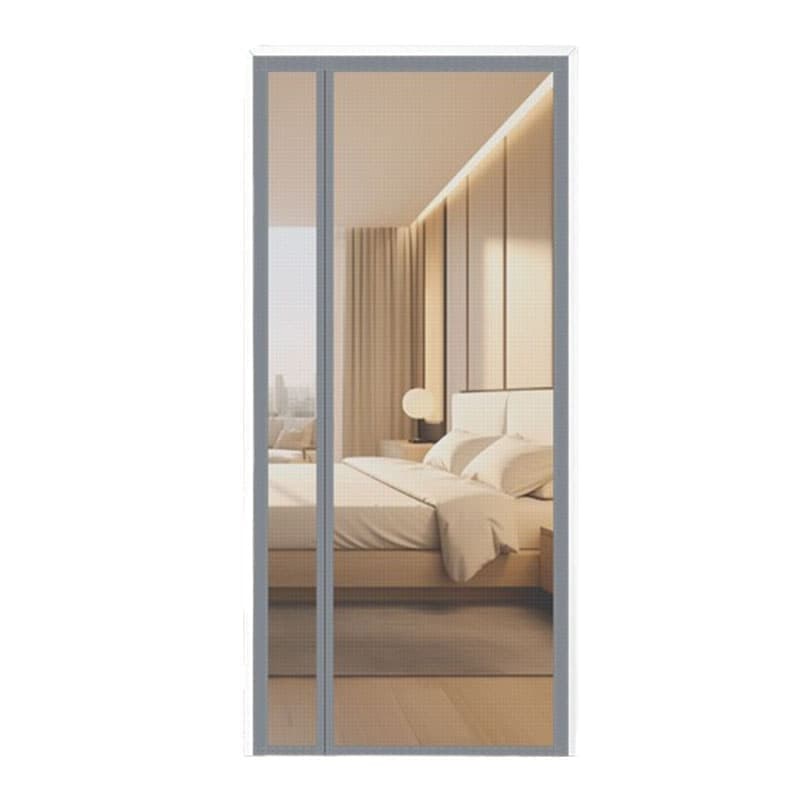 Gray magnetic mosquito net door curtain installed on a doorway.