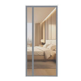 Gray magnetic mosquito net door curtain installed on a door frame.