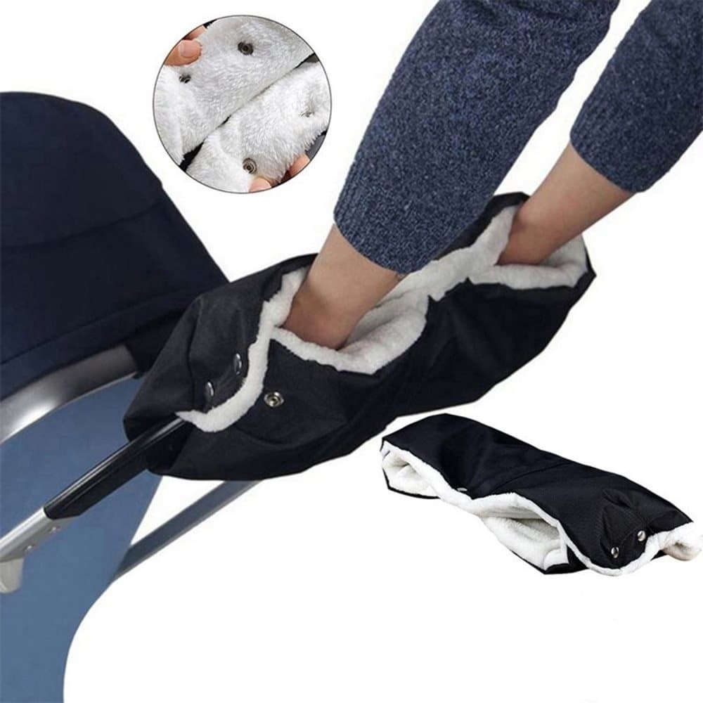 Waterproof Stroller Gloves Winter Hand Warmer with Fur, Black, Compatible with Stroller