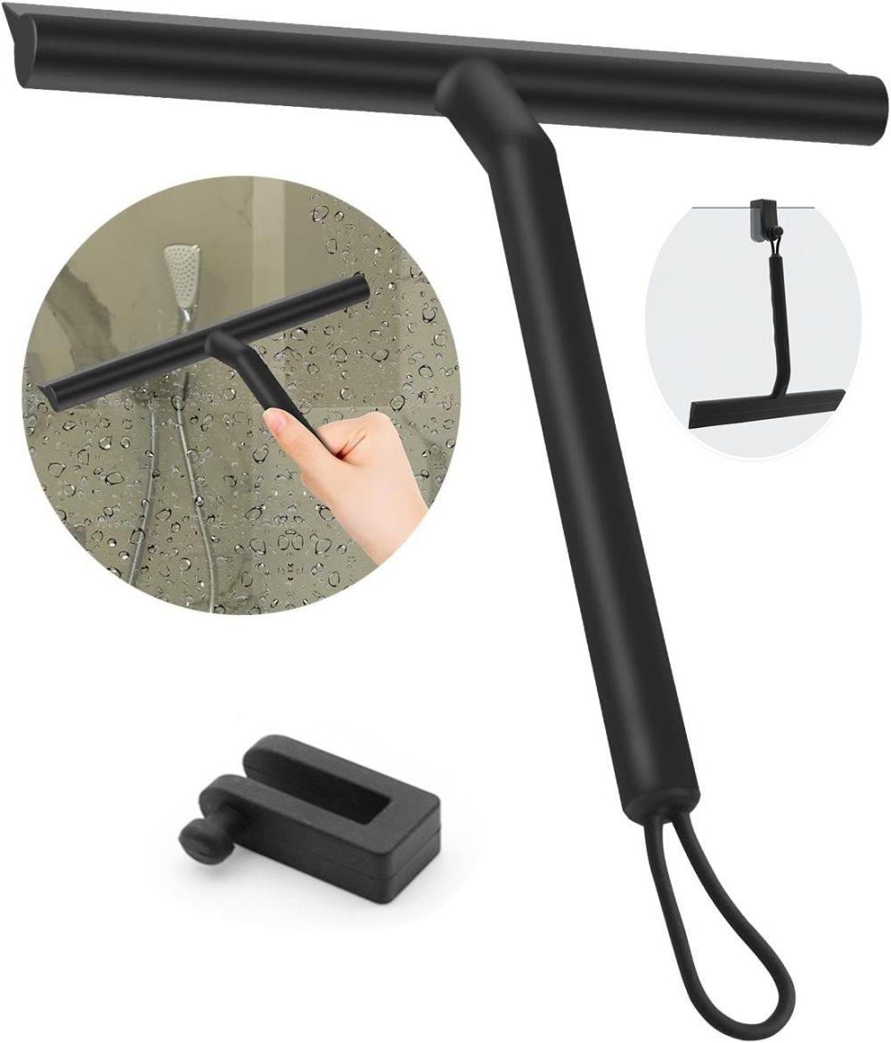 Multifunctional Silicone Shower Scraper with Hook for Windows, Shower Door and Car Window, Black